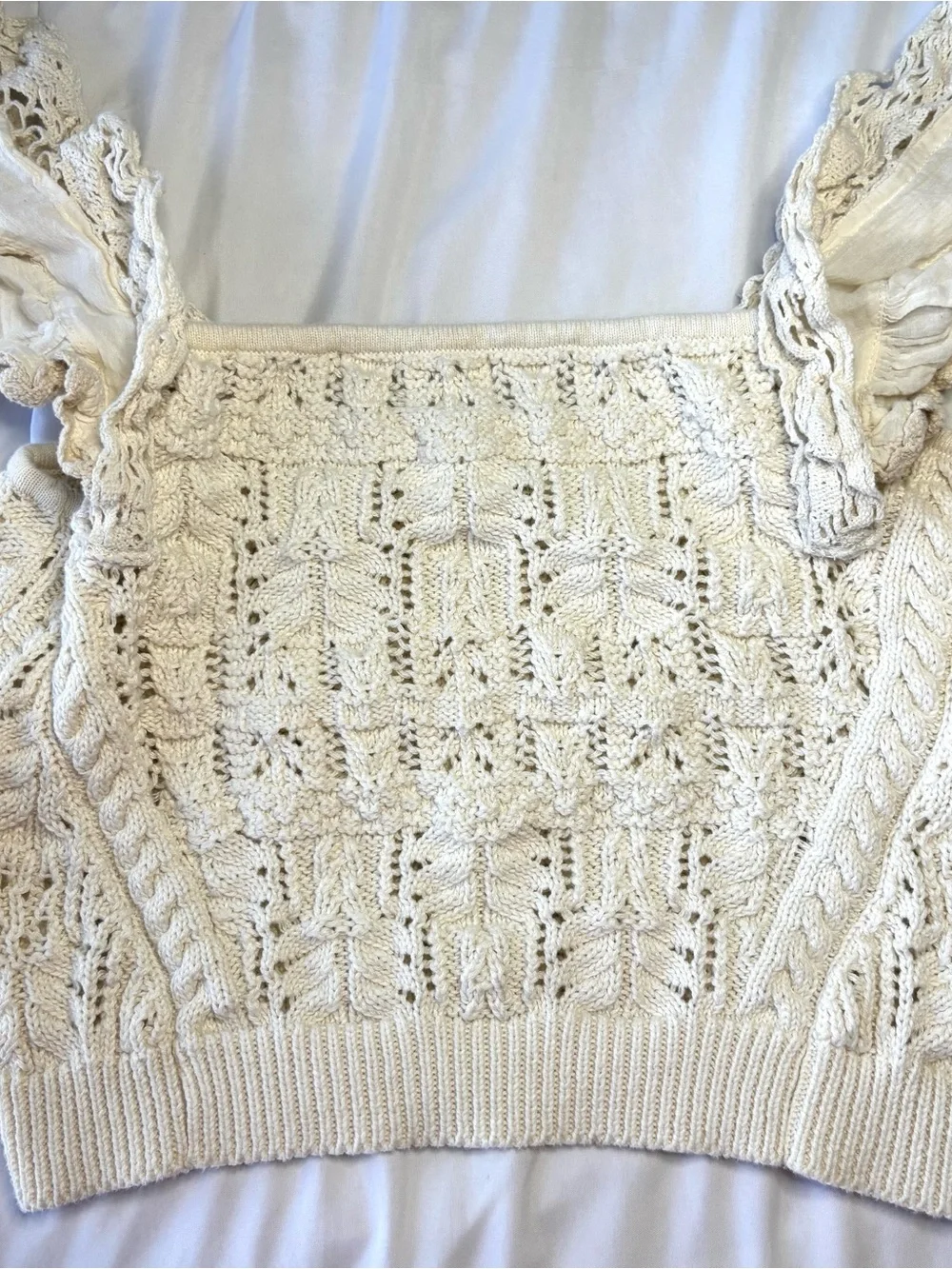 Anthropologie Cream Off-the-Shoulder Lace-Trim Knit Sweater